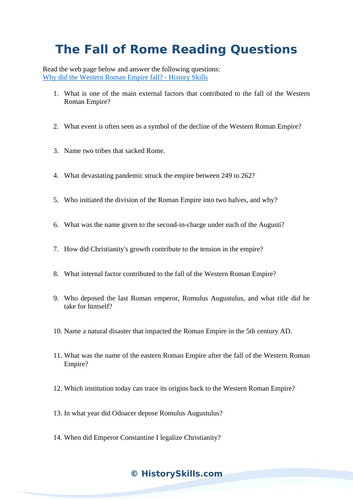 The Fall of Rome Reading Questions Worksheet