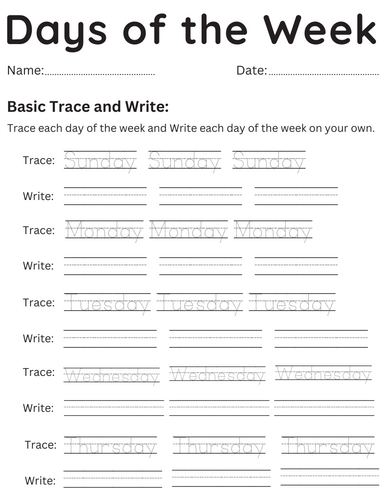 printable days of the week trace and write worksheet for kindergarten