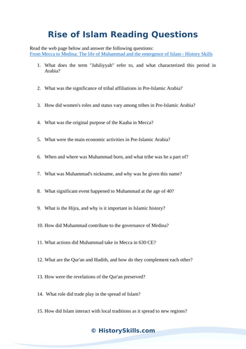 Muhammad and the Birth of Islam Reading Questions Worksheet