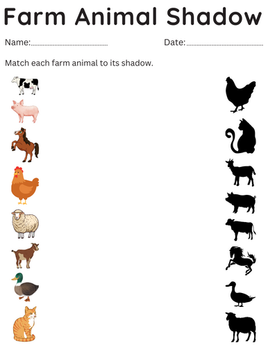 printable farm animals shadow matching for kindergarten