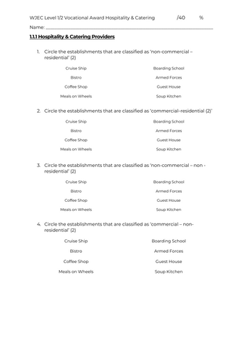 WJEC Hospitality & Catering - Unit 1 - 1.1.1 - Assessment (New Spec)