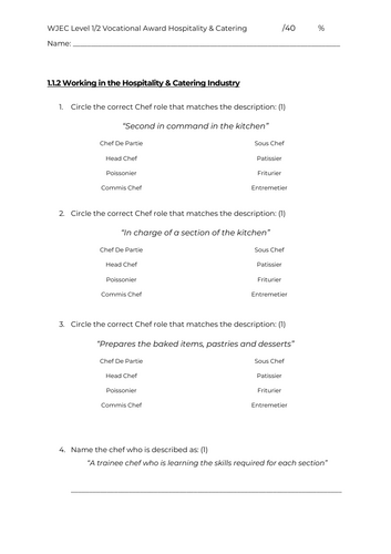 WJEC Hospitality & Catering - Unit 1 - 1.1.2 & 1.1.3 - Assessment (New Spec)