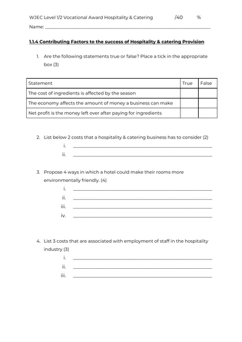 WJEC Hospitality & Catering - Unit 1 - 1.1.4 - Assessment (New Spec)