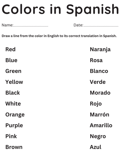 learn colors in spanish worksheet - los colores en español y en inglés