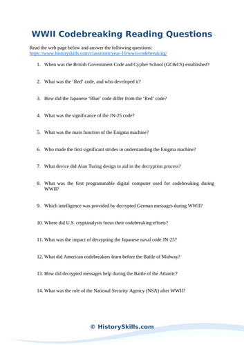 WWII Codebreaking Reading Questions Worksheet