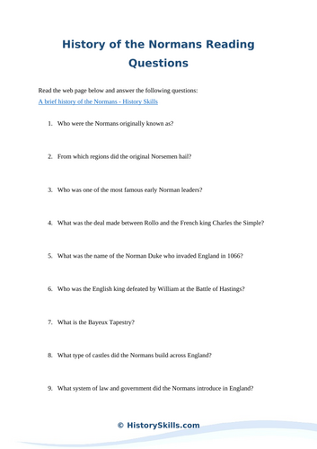 History of the Normans Reading Questions Worksheet