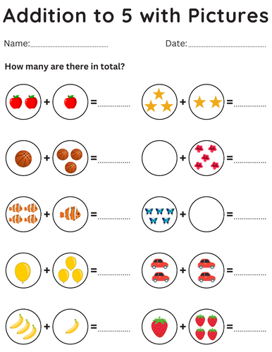 printable addition to 5 worksheet with pictures for kindergarten