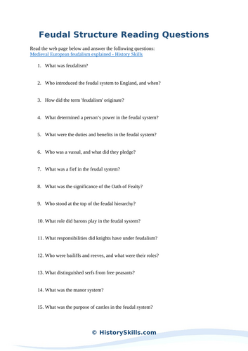 Medieval Feudal Society Reading Questions Worksheet