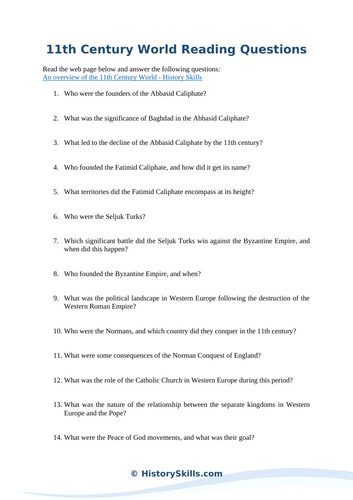 World Before the Crusades Reading Questions Worksheet