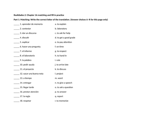 Realidades 2 Chapter 1A matching and fill in practice