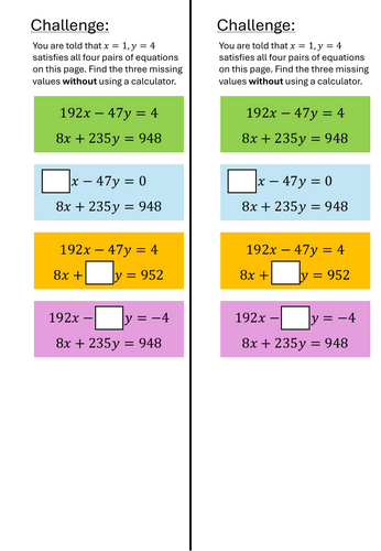 Simultaneous Equations Challenge Worksheet