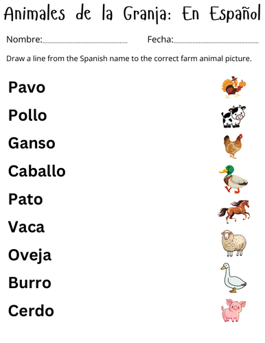 printable farm animals in spanish worksheet - animales de granja para niños