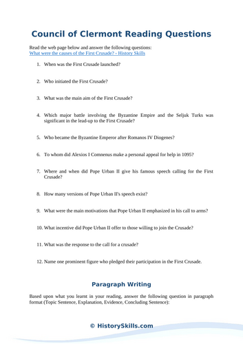 Causes of the First Crusade Reading Questions Worksheet