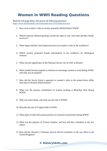 Women in WWII Reading Questions Worksheet | Teaching Resources