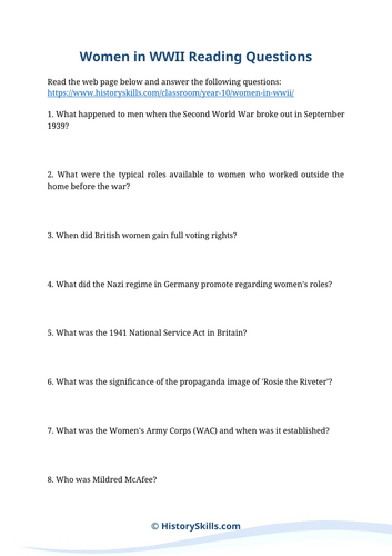 Women in WWII Reading Questions Worksheet | Teaching Resources