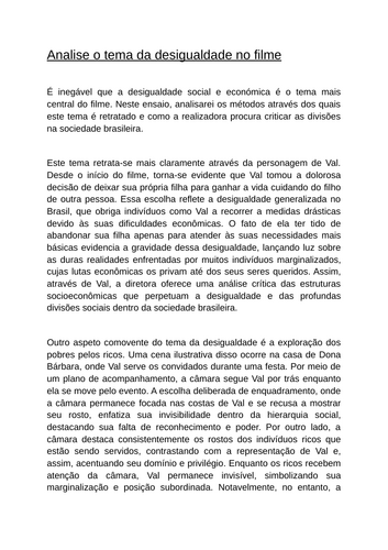 A-Level Portuguese "Que Horas Ela Volta" Essay: Analise o tema da desigualdade no filme