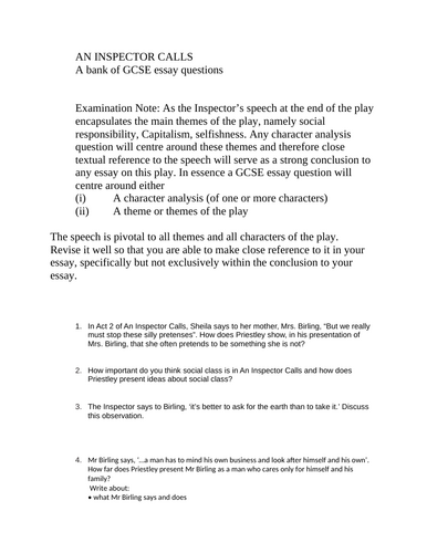 GCSE ENGLISH LITERATURE a bank of essay questions "An Inspector Calls"