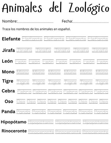 printable zoo animals in spanish worksheet - Animales del Zoológico