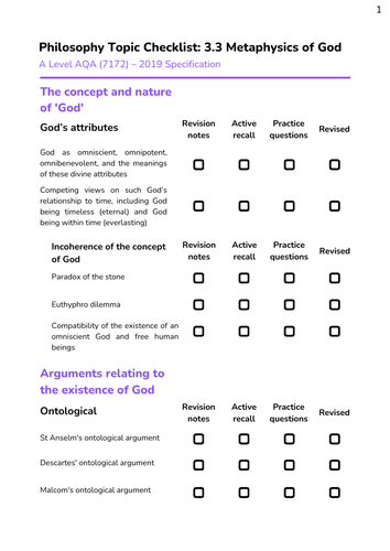 AQA Philosophy - Metaphysics of God Topic Checklist