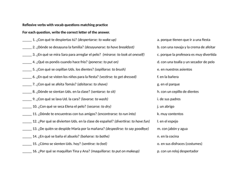 Reflexive verbs with vocab questions matching practice