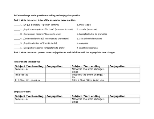 E-IE stem change verbs questions matching and conjugation practice