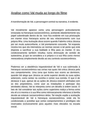 A-Level Portuguese "Que Horas Ela Volta" Essay: Analise como Val muda ao longo do filme