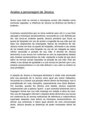 A-Level Portuguese "Que Horas Ela Volta" Essay: Analise a personagem de Jéssica