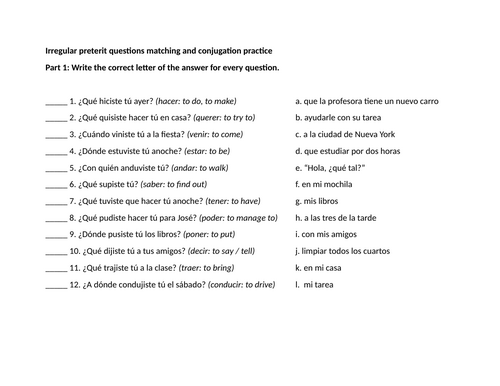 Irregular preterit questions matching and conjugation practice
