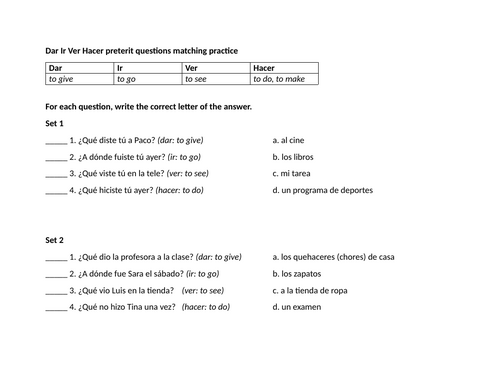 Dar Ir Ver Hacer preterit questions matching practice