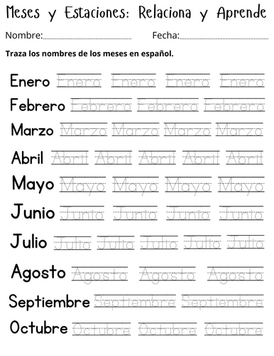 printable spanish months and seasons worksheet - meses y estaciones del año