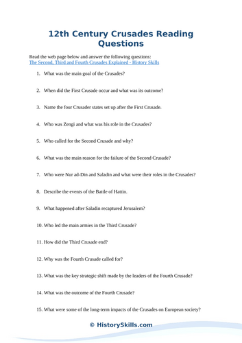 2nd, 3rd, and 4th Crusades Reading Questions Worksheet