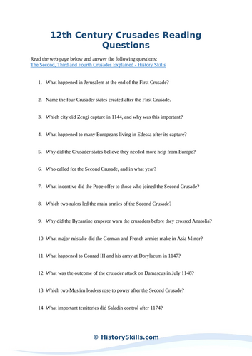 2nd, 3rd, and 4th Crusades Reading Questions Worksheet