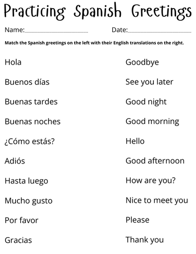 printable beginner spanish greetings worksheet - Saludos en Español