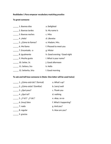 Realidades 1 Para empezar vocabulary matching practice