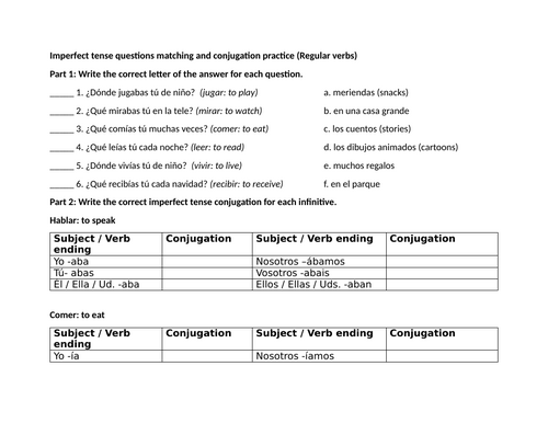 Imperfect tense questions matching and conjugation practice (Regular verbs)