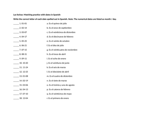 Las fechas: Matching practice with dates in Spanish