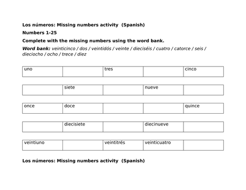 Los números: Missing numbers activity (Spanish)