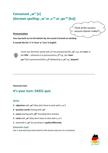 German Phonics “w” Handout – 2024 GCSE Edexcel - SSC - Module 1 Schule