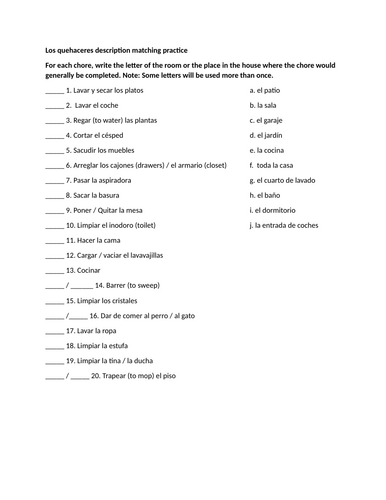 Los quehaceres description matching practice