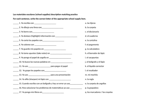 Las materiales escolares (school supplies) description matching practice