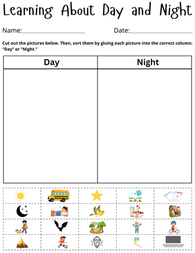 day and night activities worksheet for preschool - sorting and matching activity