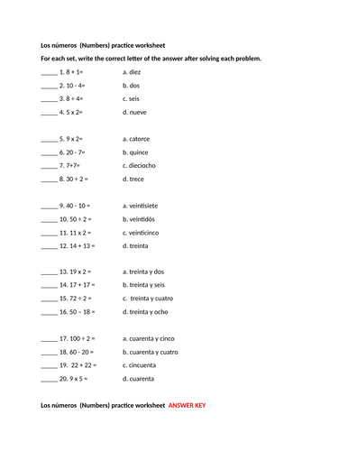 Los números (Numbers) practice worksheet