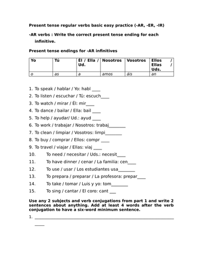 Present tense regular verbs basic easy practice (-AR, -ER, -IR)