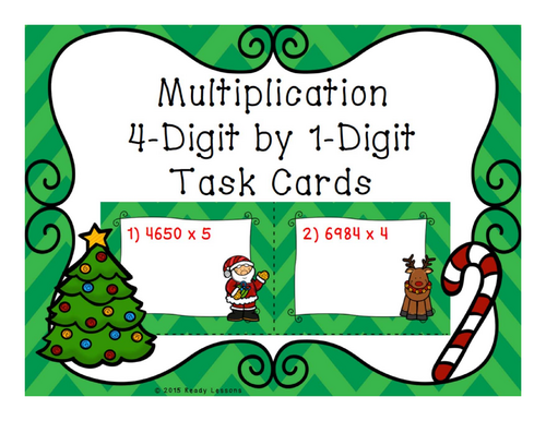 4th Grade Christmas Activity 4 Digits by 1 Digit Multiplication Task Cards