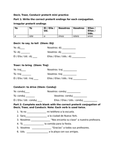 Decir, Traer, Conducir preterit mini practice