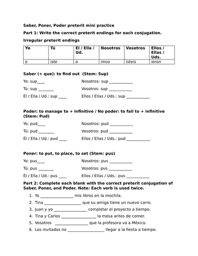Saber, Poner, Poder preterit mini practice