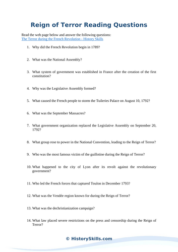 Reign of Terror Reading Questions Worksheet