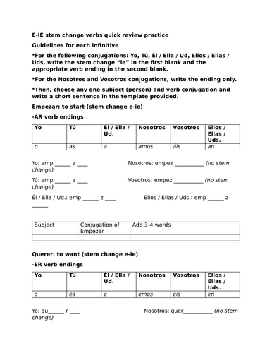 E-IE stem change verbs quick review practice