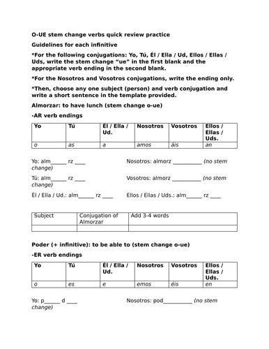 O-UE stem change verbs quick review practice