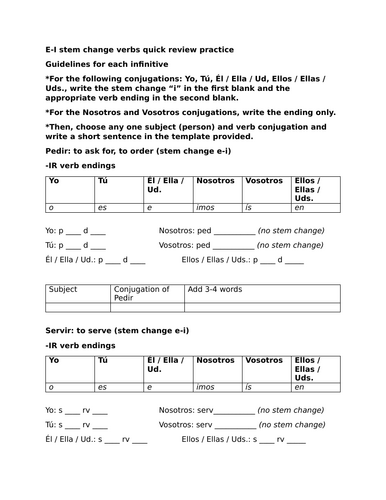 E-I stem change verbs quick review practice